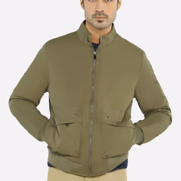 Men’s Stand Collar Multi-Pockets Olive Jacket