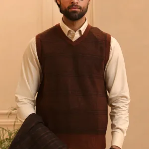 Men V-neck Dark Brown Sleeveless Sweater