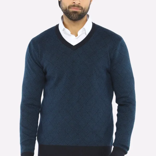 Men V-neck Navy Sleeves Sweater